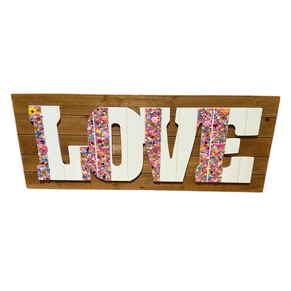 Handmade LOVE Wall Art Sign – Rustic Wood with Colorful Gem Accents Rhinestones